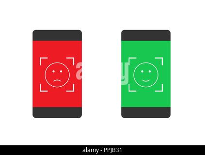 Faccia le icone Scansione. Smile icone su verde e rosso schermate dello smartphone Illustrazione Vettoriale