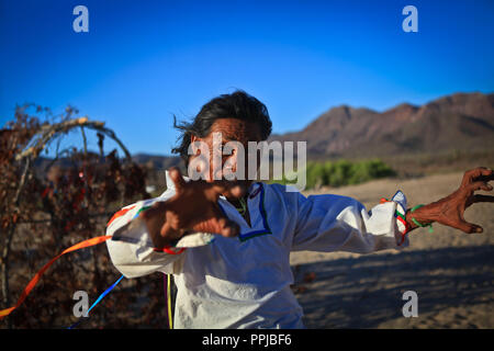 Francisco Barnet, sciamano della Seri gruppo etnico, arricchito come El CHAPO nella nazione Comcaa, Punta Chueca nel deserto di Sonora del Messico. Rituale, un Foto Stock
