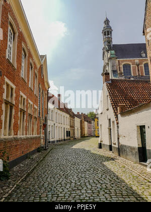 Strada stretta con vecchie case e la St. Margaret's chiesa nell'Unesco protetti beguinage nel centro della città di Lier; Belgio Foto Stock