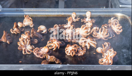 Lo chef cucinare grigliate di polpi. Dimostrazione di cottura. Lo chef capovolge polipi sulla piastra di metallo del grill. Vapore e fumo proveniente dall'olio superiore Foto Stock