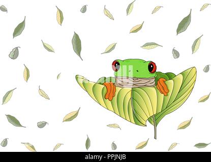 Bel rosso-eyed ranocchio verde arancione con i piedi e le dita dei piedi si siede e si affaccia su una grande foglia. Flying verde e foglie di giallo sono sullo sfondo. Illustrazione Vettoriale