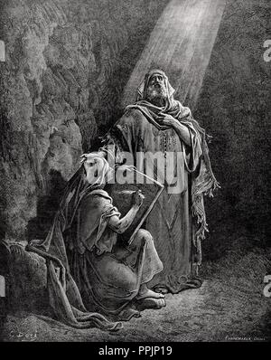 Geremia (650-585 a.C.). Profeta ebraico. Geremia a dettare la sua profezie di Baruch. Incisione di Pannemaker. La Bibbia in immagini da Gustave Dore. Foto Stock