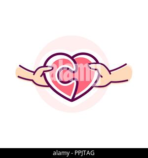 Due mano collegare due elementi del cuore puzzle illustrazione vettoriale. Cuore del logo puzzle. Logo amore Illustrazione Vettoriale