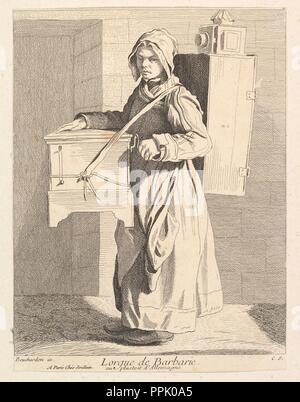 Organ grinder. Autore: Anne Claude Philippe de Tubières, Comte de Caylus (francese, Parigi Parigi 1692-1765); dopo Edme Bouchardon (francese, Chaumont Parigi 1698-1762); François Joullain (francese, Parigi Parigi 1697-1778). Dimensioni: foglio: 9 3/8 × 7 1/16 in. (23,8 × 18 cm) Immagine: 8 15/16 x 7 in. (22,7 x 17,8 cm). Serie/Portfolio: Grida di Parigi: primo set (Études prezzi dans le Bas Peuple où les Cris de Paris: Première Suite). Data: 1737. Museo: Metropolitan Museum of Art di New York, Stati Uniti d'America. Autore: Anne Claude Philippe de Tubières, Comte de Caylus. Dopo Edme Bouchardon. FRANCOIS JOULLAIN. Foto Stock