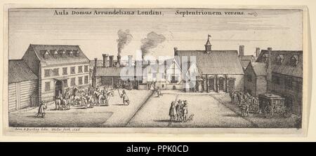 Arundel House da nord. Artista: dopo Adamo Alessio Bierling (Netherlandish, 1625-1675). Dimensioni: foglio: 3 1/8 × 7 7/16 in. (8 × 18,9 cm). Incisore: Wenceslaus Hollar (boemo, Praga 1607-1677 Londra). Serie/Portfolio: Una delle due piastre di opinioni di Arundel House, New Hollstein 862-863.. Data: 1646. Arundel House da nord; vista del cortile di Arundel House nel filamento guardando verso sud; pulmann e sei cavalli in piedi fuori casa con finestre dormer sulla destra, dieci cavalieri sulla sinistra, tre uomini stavano in piedi in primo piano, fumnati ciminiere in background. Museo: Metropolitan Mus Foto Stock