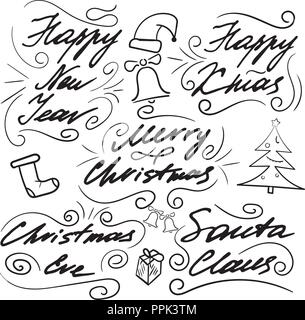 Set di caratteri per biglietti di auguri e congratulazioni. Disegno a mano. Elementi di design. Un cappuccio, un calzino, campane e un albero di Natale. Illustrazione Vettoriale