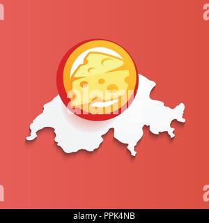Illustrazione del formaggio svizzero sulla mappa di Svizzera - simbolo del vettore isolato su sfondo rosso. Illustrazione Vettoriale