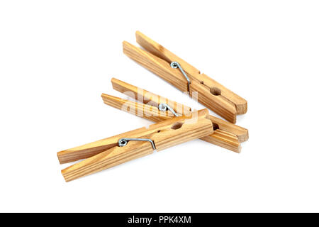 Tre fascette di legno isolato su sfondo bianco Foto Stock