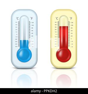 Due vettore 3D realistiche Celsius e Fahrenheit meteorologia, meteo termometro segno icona impostare closeup isolati su sfondo bianco. Clip art, modello di progettazione per la grafica. Termometri con diversi livelli - gelo e caldo in estate e in inverno concept Illustrazione Vettoriale