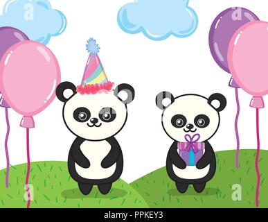 Buon compleanno panda cartoon Illustrazione Vettoriale