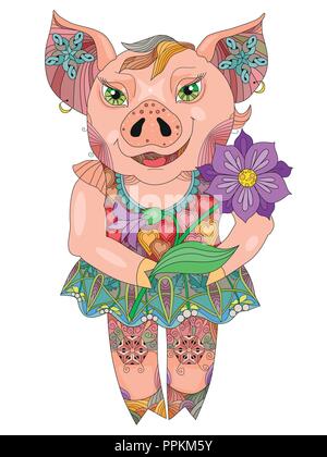 Zentangle illustrazione con pig. Groviglio Zen o doodle maialino. Illustrazione Vettoriale