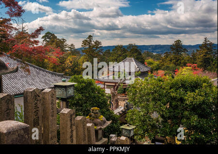 Antichi templi tra alberi nel Parco di Nara Foto Stock