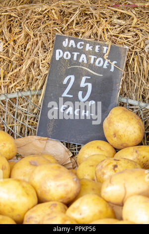 Fresca camicia organico le patate in un contenitore di maglia su una balla di fieno parte delle verdure fresche a Harwarden Station Wagon Farm Shop, Flintshire, Galles Foto Stock