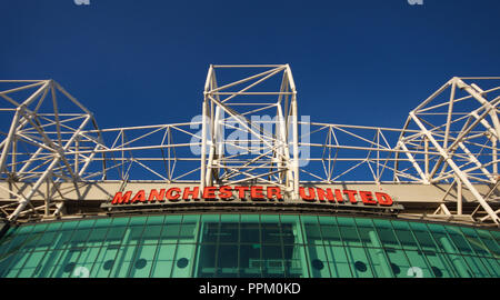 Close-up del Manchester United segno a Old Trafford, il club di casa Foto Stock