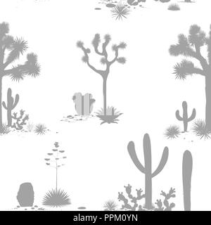 Deserto seamless pattern con sagome di alberi di Joshua, opuntia, e cactus Saguaro. Sfondo di cactus. Illustrazione Vettoriale per sfondi, tessile, Illustrazione Vettoriale