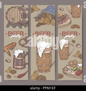 Tre colori festa della birra banner con il barile di birra, mug, patatine, dadi, ali di pollo, filiale di luppolo e snack piastra. Illustrazione Vettoriale