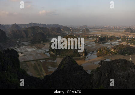Un fantastico panorama vista dei campi di riso, rocce calcaree e cima Pagoda da appendere Mua tempio di sera. Ninh Binh, Vietnam. Paesaggio di viaggio Foto Stock