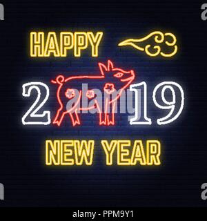 Felice Anno Nuovo Cinese 2019 insegna al neon con Pig zodiaco simbolo. Vettore. Per il biglietto di auguri, volantini, poster, un banner o un modello di sito web. Insegna al neon per banner, affissioni, promozione o pubblicità. Illustrazione Vettoriale