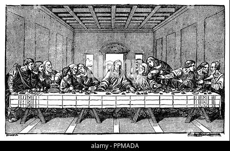 Cena. Dopo la pittura di Leonardo da Vinci, Gesù Cristo e i dodici Apostoli, Leonardo da Vinci Foto Stock