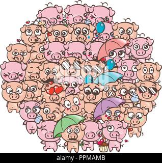 Sfondo con simpatici baby suinetti. Pastello immagine cartoon kawaii suini. Il vettore per disegnare a mano libera doodle fumetto gli Emoji art. Illustrazione per libri, stampe, d Illustrazione Vettoriale