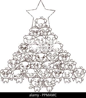 Anno nuovo sfondo con simpatici baby suinetti. Pastello immagine cartoon kawaii suini. Il vettore per disegnare a mano libera doodle fumetto gli Emoji art. Illustrazione per colorin Illustrazione Vettoriale