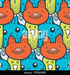 Faccia di maiale. Funny doodle mostri seamless pattern per stampe, disegni e libri da colorare. Illustrazione Vettoriale Illustrazione Vettoriale