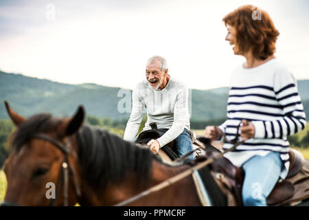 Una coppia senior a cavallo nella natura. Foto Stock