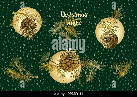 Set di Natale pattern con golden realistico inchiostro botanico schizzo di Abete rami con cono di pino sulla neve sullo sfondo. Illustrazioni vettoriali Illustrazione Vettoriale