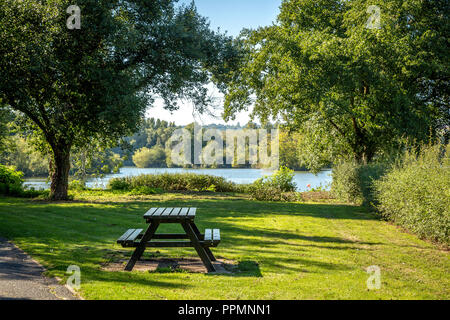 Vedute sul lago in una giornata di sole con cielo blu chiaro. Prese a Redditch, Worcestershire. Foto Stock