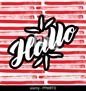 Hallo. Parola hello, buon giorno in tedesco. Elegante calligrafia. illustrazione astratta su sfondo colorato. Disegnate a mano scritte Foto Stock