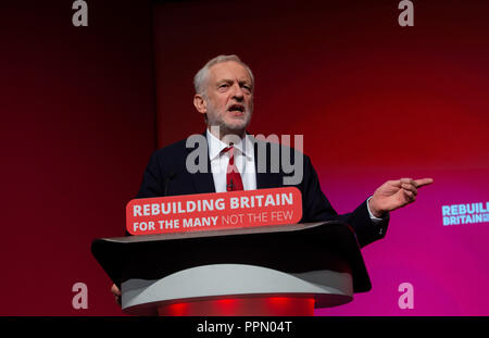 Liverpool, Regno Unito. Il 26 settembre 2018. Leader laburista, Jeremy Corbyn, offre il suo discorso ai delegati al Partito laburista conferenza in Liverpool. Credito: Mark Thomas/Alamy Live News Foto Stock