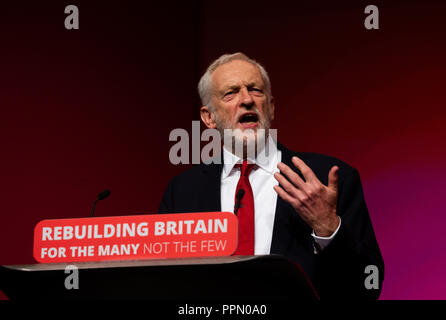 Liverpool, Regno Unito. Il 26 settembre 2018. Leader laburista, Jeremy Corbyn, offre il suo discorso ai delegati al Partito laburista conferenza in Liverpool. Credito: Mark Thomas/Alamy Live News Foto Stock