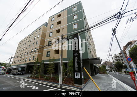 Tokyo, Giappone. Il 27 settembre 2018. Una vista generale di Henn-na Hotel Haneda il 27 settembre 2018, Tokyo, Giappone. La nuova filiale di Henn-na Hotel, che si traduce letteralmente come ''weird hotel, '' si trova vicino alla stazione di Otorii, sei minuti da Haneda International Airport. Robot personale dell'hotel sono programmati per assistere gli ospiti in inglese, cinese, coreano e giapponese. ologia. Credito: Aflo Co. Ltd./Alamy Live News Foto Stock