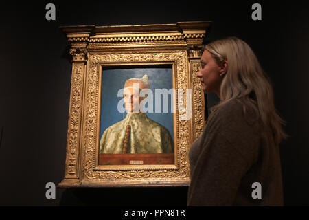 Londra REGNO UNITO. Il 27 settembre 2018. Giovanni. Ritratto del Doge Leonardo Loredan, 1501. Premere sul preview della National Gallery con le preziose collezioni di dipinti del Rinascimento italiano artisti Giovanni Bellini di Venezia e Andrea Mantegna Da Padova che insieme forma l'arte di RenaissanceCredit: amer ghazzal/Alamy Live News Foto Stock