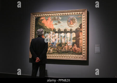 Londra REGNO UNITO. Il 27 settembre 2018. Andrea Mantegna, "Minerva espellendo i vizi formano il giardino di virtù', 1530-2 . Premere sul preview della National Gallery con le preziose collezioni di dipinti del Rinascimento italiano artisti Giovanni Bellini di Venezia e Andrea Mantegna Da Padova che insieme forma l'arte del Rinascimento Credito: amer ghazzal/Alamy Live News Foto Stock