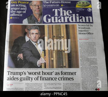 Il quotidiano The Guardian headline Michael Cohen 'Trump i peggiori ora' come ex aiutanti colpevole di crimini delle finanze' 23 agosto 2018 LONDON REGNO UNITO Foto Stock