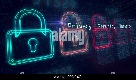 Privacy, sicurezza e identità in internet. Cyber security concetto. Foto Stock