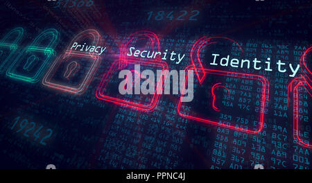 Privacy, sicurezza e identità in internet. Cyber security concetto. Foto Stock