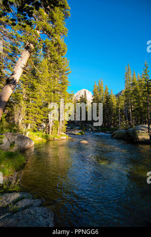 Vista del picco di montagna "l'Eremita,' dal al fianco di evoluzione Creek al tramonto. John Muir Trail/Pacific Crest Trail. Il Sequoia Kings Canyon deserto Foto Stock