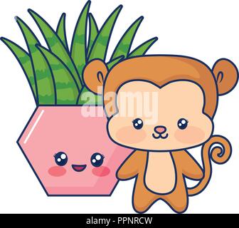 Carino scimmia baby animale vegetale sorridente illustrazione vettoriale Illustrazione Vettoriale