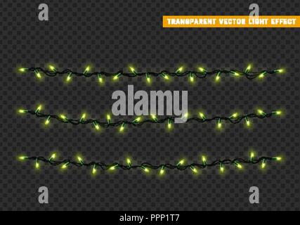 Le luci di Natale isolato design realistico. Ghirlande di luci di colore verde. Luccicanti decorazioni di Natale. Illustrazione Vettoriale