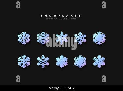 Impostare il vettore i fiocchi di neve. Raccolta di fiocco di neve decorazione d'inverno. Isolato su sfondo nero Illustrazione Vettoriale