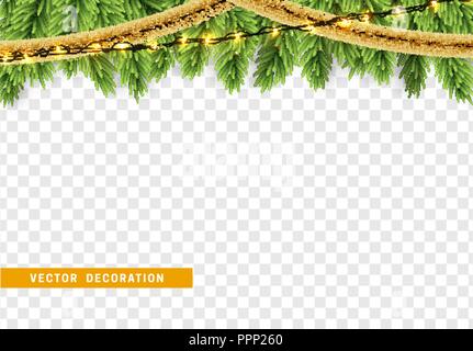 Bordo di Natale con rami di abete, stringa ghirlanda di luci e oro tinsel. Xmas holiday illustrazione vettoriale. Isolato su sfondo trasparente. Illustrazione Vettoriale