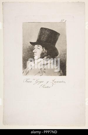 La piastra 1 da 'Los Caprichos': Self-portrait di Goya (Franco. Goya e Lucientes, Pintor). Artista: Goya (Francisco de Goya y Lucientes) (Spagnolo, 1746-1828 Fuendetodos Bordeaux). Dimensioni: Piastra: 8 9/16 x 5 7/8 in. (21,7 × 15 cm) foglio: 12 5/16 x 8 3/16 in. (31,2 × 20,8 cm). Serie/Portfolio: Los Caprichos. Sitter: Goya (Francisco de Goya y Lucientes) (Spagnolo, 1746-1828 Fuendetodos Bordeaux). Data: 1799. Il ritratto è la prima stampa in Goya serie di ottanta acqueforti intitolata Los Caprichos e pubblicato a Madrid nel 1799. Le stampe di trattare ampiamente con la superstizione e la follia dell'uomo. Essi sono stati Foto Stock