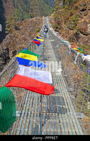 Bandiere di preghiera su di un ponte di sospensione al di sopra del Dudh Kosi sul sentiero per il Campo Base Everest Foto Stock