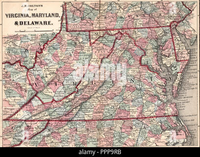 J H Colton la mappa della Virginia, Maryland, Delaware e circa 1863 Foto Stock