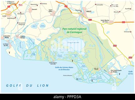 Mappa della Francia meridionale Parco naturale regionale della Camargue, Francia. Illustrazione Vettoriale