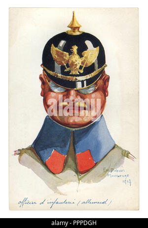 Storico francese cartolina: caricatura ritratto del funzionario tedesco corps pickelhaube con l'aquila emblema. In Germania, la prima guerra mondiale 1914-1918 Foto Stock