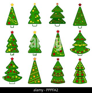 Alberi di Natale, vettore set di icone colorate su sfondo bianco. Illustrazione Vettoriale