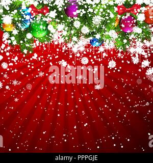 Sfondo di natale con coperte di neve rami di albero di Natale decorato con festoni e palloncini. Illustrazione Vettoriale
